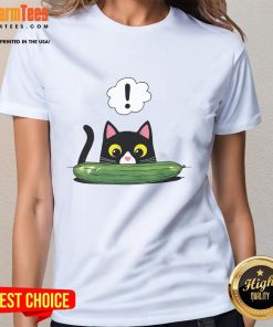 Adorable cat startled by cucumber on a cute ladies tee, perfect for cat lovers and fun fashion enthusiasts.