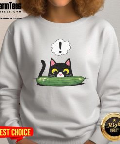 Adorable cat alerting to a cucumber on a cozy sweatshirt featuring 'Cute Cat Cucumber Alert' design.
