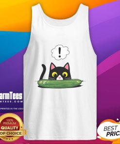 Adorable cat startled by a cucumber, wearing a 'Cute Cat Cucumber Alert' tank top, showcasing playful pet humor.