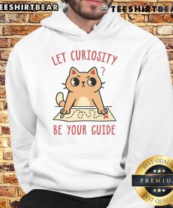 Adorable cat in a cozy hoodie with 'Let Curiosity Be Your Guide' text, perfect for cat lovers and cozy apparel.