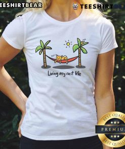 Cute cat living my rest life on a ladies tee, featuring a playful design perfect for cat lovers and comfortable fashion.