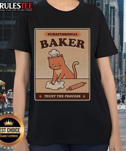 Alt Text: Cute cat wearing a chef hat and apron, showcasing the 'Purrfessional Baker' tee design for ladies. Trust the process!