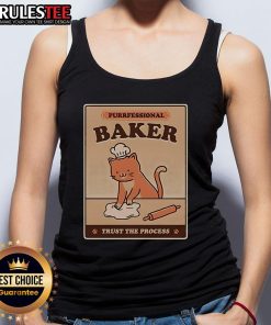 Cute cat wearing a 'Purrfessional Baker' tank top, embracing the motto 'Trust the Process' in a playful kitchen setting.