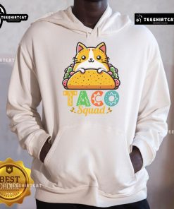 Cute Cat Taco Squad hoodie for Cinco de Mayo, featuring playful cats with tacos and vibrant Mexican food theme.