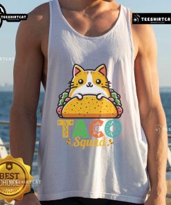 Cute Cat Taco Squad tank top for Cinco de Mayo featuring playful cats with tacos, perfect for Mexican food lovers.