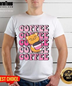 Adorable cute cat with coffee t-shirt, featuring a playful design perfect for cat lovers and coffee enthusiasts.