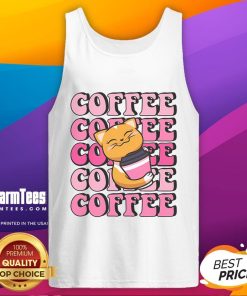 Cute cat wearing a coffee-themed tank top, showcasing its playful personality and stylish outfit.