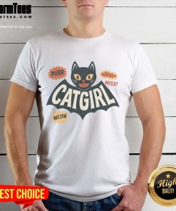 Alt Text: Cute Catgirl Bat Girl T-Shirt featuring a playful design of a cat-themed superhero with bat wings.