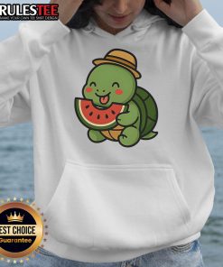 Cute cheerful turtle eating watermelon while wearing a summer hoodie, perfect for a fun summer vibe.