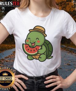 Cute cheerful turtle eating watermelon on a summer ladies tee, perfect for summer vibes and turtle lovers.