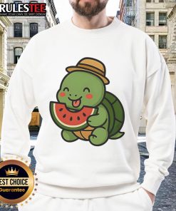 Cute cheerful turtle enjoying watermelon, perfect for summer sweatshirt design, adding fun to your summer wardrobe.
