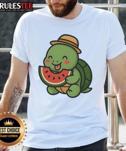 Alt Text: Cute cheerful turtle happily eating watermelon on a vibrant summer t-shirt, perfect for summer fun and casual wear.