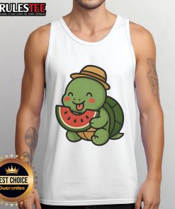 Cute cheerful turtle eating watermelon while wearing a cute summer tank top, perfect for summer vibes and beach fun.
