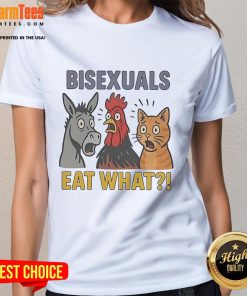 Alt Text: Cute donkey, rooster, and cat bisexually enjoying food together on a fun ladies tee design.