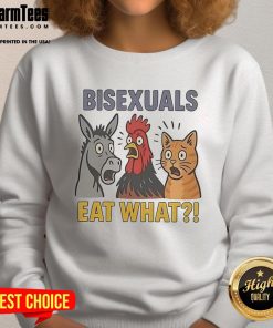 Adorable cute donkey, rooster, and cat graphic on a sweatshirt, celebrating bisexual pride and inclusivity.