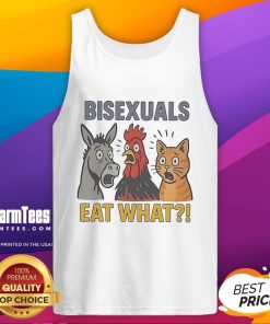 Adorable donkey, rooster, and cat in a tank top with 'Bisexuals Eat What' print, showcasing cute animal friendship.