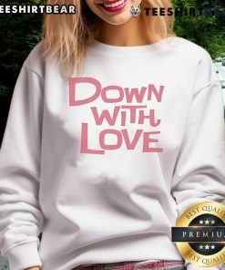 Alt Text: Cute Down With Love logo sweatshirt featuring a playful design in vibrant colors, perfect for casual wear.