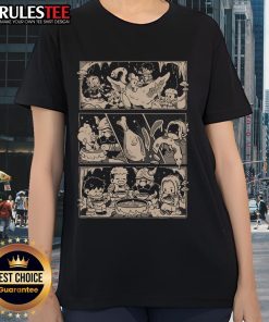 Cute Dungeon Feast Anime Ladies Tee featuring colorful illustrations of anime characters enjoying a feast in a fantasy setting.