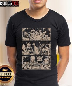 Alt Text: Cute Dungeon Feast Anime T-Shirt featuring vibrant graphics of characters enjoying a whimsical feast in a fantasy setting.
