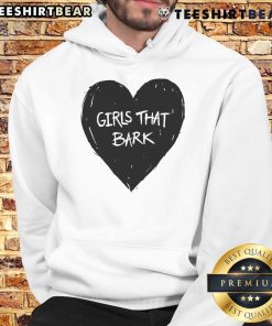 Adorable girl wearing a heart hoodie featuring a cute dog design, showcasing the 'Cute Girls That Bark' theme.