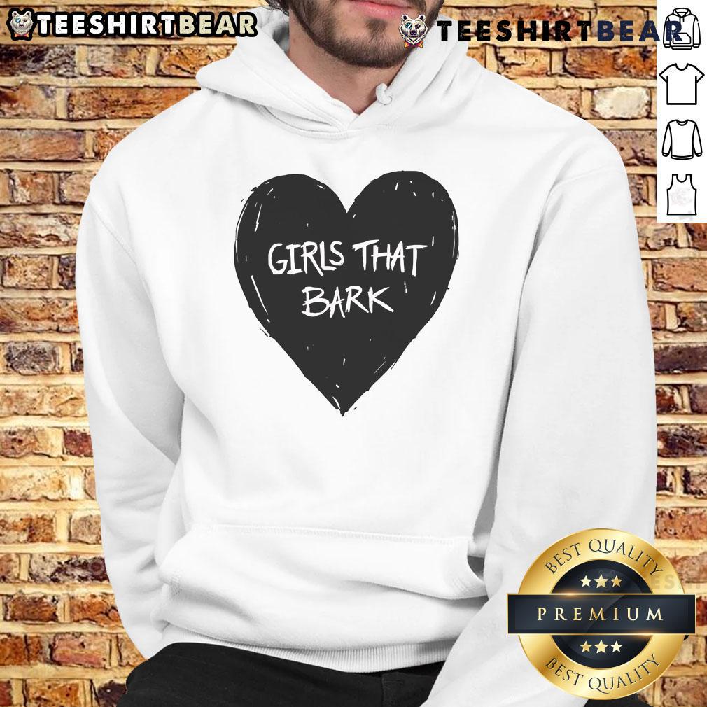 Cute Girls That Bark Heart Hoodie Adorable girl wearing a heart hoodie featuring a cute dog design, showcasing the 'Cute Girls That Bark' theme.