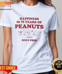 Cute 'Happiness is 75 Years of Peanuts Since 1950' ladies tee showcasing playful design and vibrant colors.