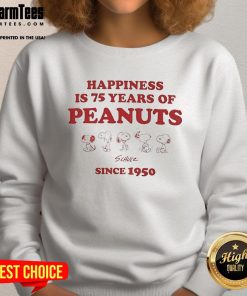Cute Happiness Is 75 Years of Peanuts Since 1950 sweatshirt featuring vibrant graphics and cozy design.