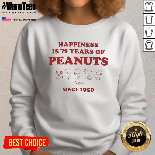 Cute Happiness Is 75 Years of Peanuts Since 1950 sweatshirt featuring vibrant graphics and cozy design.