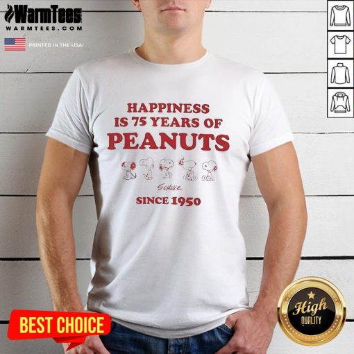 Alt Text: Cute Happiness Is 75 Years Of Peanuts Since 1950 T-Shirt featuring colorful graphics and iconic Peanuts characters.