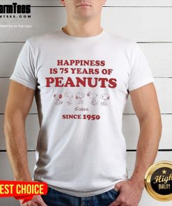 Alt Text: Cute Happiness Is 75 Years Of Peanuts Since 1950 T-Shirt featuring colorful graphics and iconic Peanuts characters.