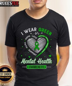 Alt Text: Cute heart design on a green t-shirt for Mental Health Awareness Month, promoting mental health awareness and support.