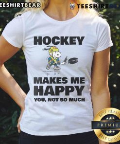 Cute hockey makes me happy ladies tee featuring a playful hockey graphic and stylish design for women.