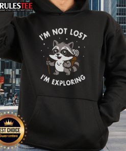 Person wearing a 'Cute, I'm Not Lost, I'm Exploring' hoodie in a vibrant outdoor setting, showcasing adventure and style.
