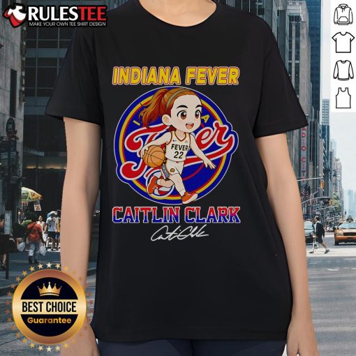 Alt Text: Cute Indiana Fever Caitlin Clark chibi ladies tee featuring vibrant graphics and a playful design for fans.