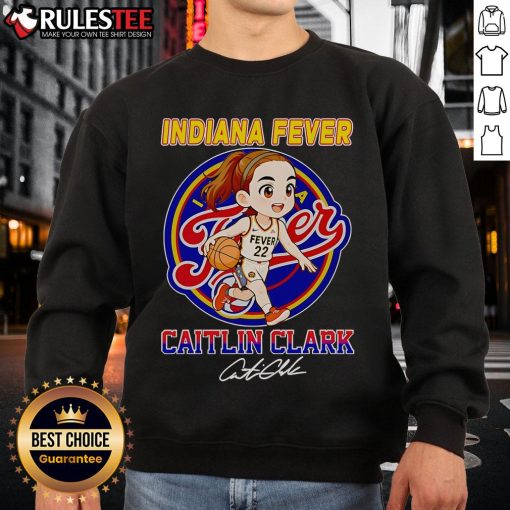 Adorable chibi sweatshirt featuring Caitlin Clark for Indiana Fever fans, showcasing vibrant colors and a playful design.
