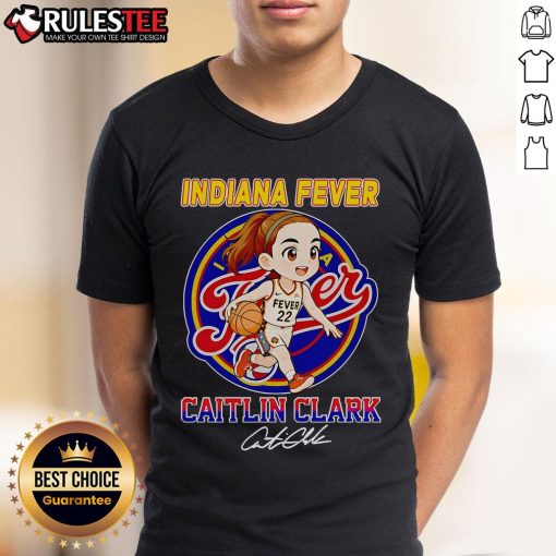 Alt Text: Cute Indiana Fever Caitlin Clark chibi t-shirt featuring colorful graphics of the basketball star in a fun design.