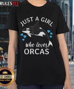 Cute girl wearing a tee that says 'Just a Girl Who Loves Orcas' surrounded by ocean and killer whales.
