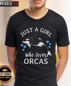 Alt Text: Cute Just A Girl Who Loves Orcas t-shirt featuring killer whales in a vibrant ocean scene, perfect for sea lovers.