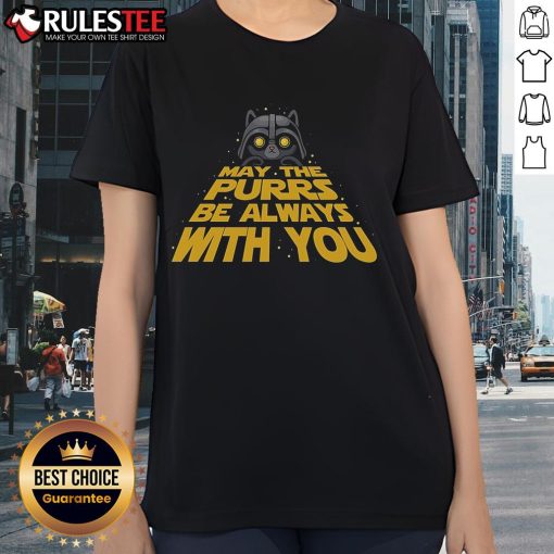 Alt Text: Cute May The Purrs Be Always With You Darth Vader Cat Ladies Tee featuring a playful cat in a Star Wars theme.