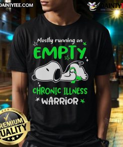 Cute Snoopy T-shirt for chronic illness warriors, featuring 'Mostly Running On Empty' design, perfect for comfort and style.
