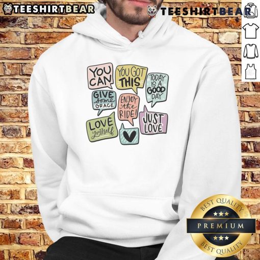 Alt Text: Cute motivational speech bubbles hoodie featuring colorful designs that inspire positivity and confidence.