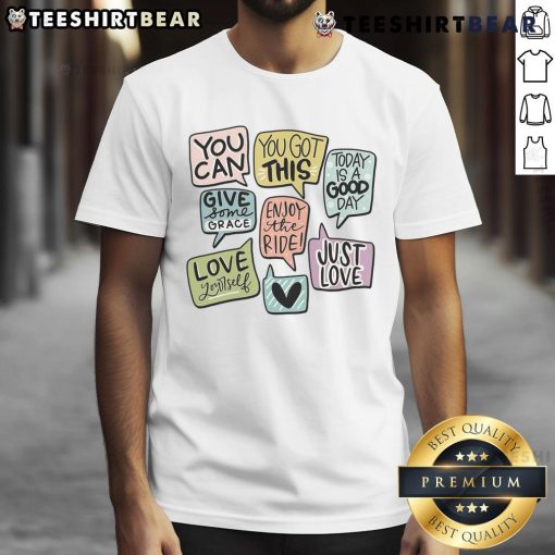 Cute motivational speech bubbles T-shirt featuring vibrant designs and inspiring quotes for a positive vibe.