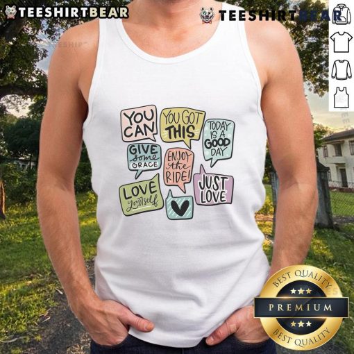 Cute motivational speech bubbles tank top featuring colorful designs and inspiring quotes for a positive vibe.