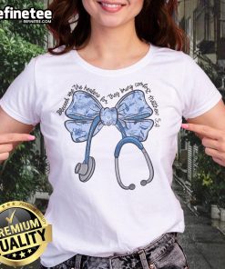 Alt Text: Cute nurse toile bow design on a Matthew 54 Christian nurse tee, celebrating blessed healers in stylish ladies' apparel.