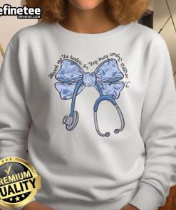 Cute nurse sweatshirt featuring toile bow design, 'Blessed Are The Healers' for Christian nurses, style Matthew 54.