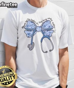 Cute nurse toile bow Matthew 54 Christian nurse t-shirt with 'Blessed Are The Healers' slogan for healthcare professionals.