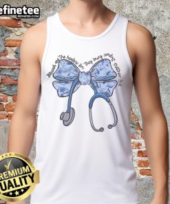 Alt Text: Cute Nurse Toile Bow Tank Top featuring 'Blessed Are The Healers' for Christian nurses - Matthew 54 design.