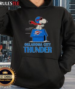 Alt Text: Cute Oklahoma City Thunder NBA basketball Snoopy house hoodie featuring vibrant colors and playful design for fans.