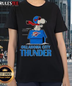 Alt Text: Cute Oklahoma City Thunder NBA basketball Snoopy house design on a 2025 ladies' tee shirt for fans.