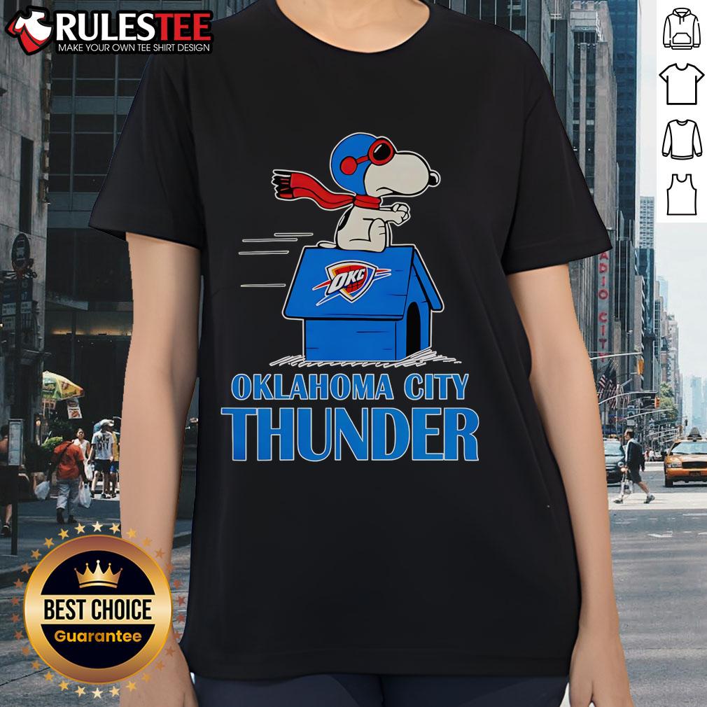 Cute Oklahoma City Thunder Nba Basketball Snoopy House 2025 Ladies Tee Alt Text: Cute Oklahoma City Thunder NBA basketball Snoopy house design on a 2025 ladies' tee shirt for fans.